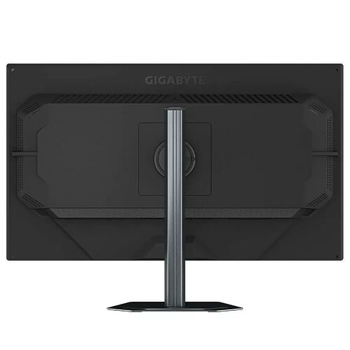 L'arrière d'un écran Gigabyte noir avec un pied central réglable.