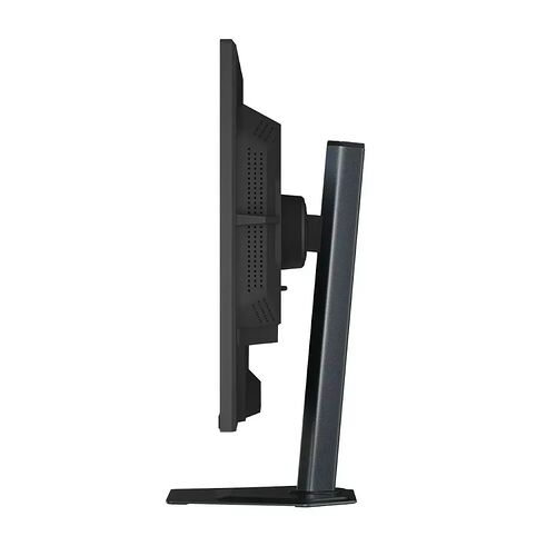 Écran d'ordinateur noir de profil, montrant l'arrière de la dalle et son pied de support.