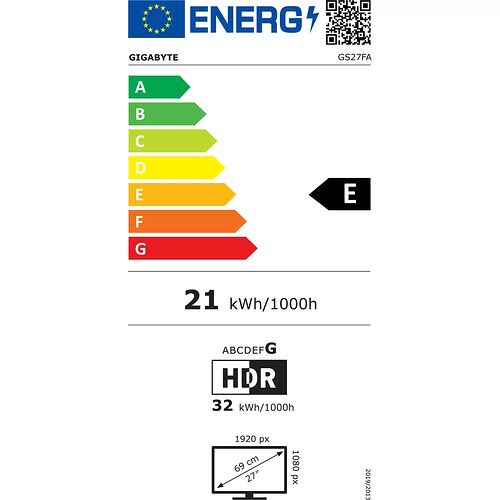 Étiquette d'efficacité énergétique pour un écran Gigabyte, indiquant une classe énergétique E avec une consommation de 21 kWh/1000h. L'écran possède une résolution de 1920 px et une taille de 27 pouces.