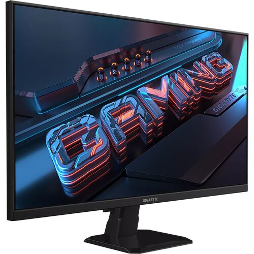 Écran de PC gamer Gigabyte affichant le mot « GAMING » en lettres 3D lumineuses sur un fond sombre et stylisé.