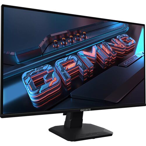 Écran de PC gamer Gigabyte affichant le mot « GAMING » en lettres néon stylisées sur un fond sombre et technologique.