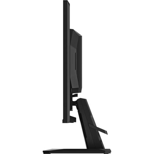 Vue de profil d'un écran d'ordinateur noir avec un pied de support réglable.