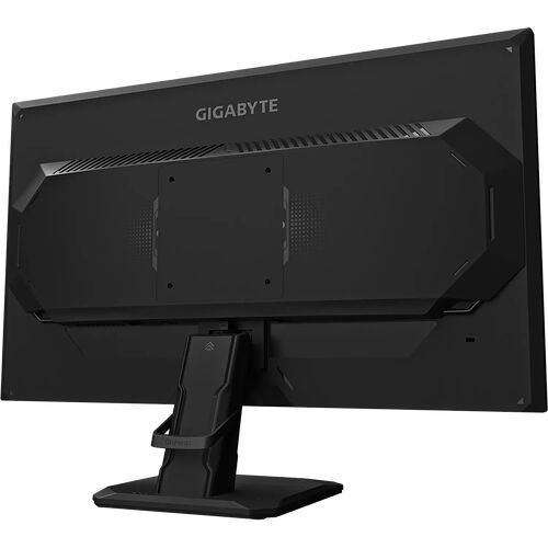 Écran de PC Gigabyte vu de l'arrière, présentant un design noir avec des détails géométriques et un pied de support robuste.