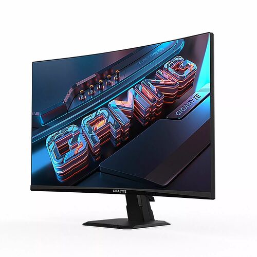 Écran de PC gamer Gigabyte avec un design moderne et des bordures fines, affichant un fond d'écran graphique aux tons bleus et rouges.