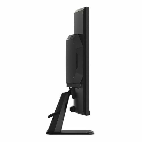 Écran de PC noir présenté de profil, montrant l'arrière de la dalle et son pied de support réglable.
