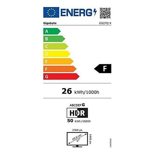 Étiquette d'efficacité énergétique pour un écran Gigabyte, indiquant une classe énergétique F et une consommation de 26 kWh/1000h. L'écran possède une résolution de 2560 x 1440 px et une diagonale de 27 pouces.