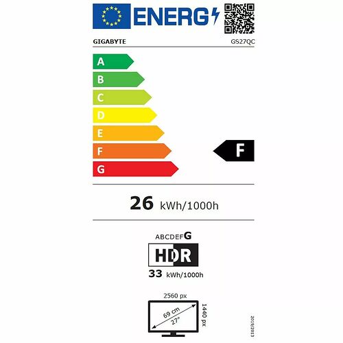 Étiquette d'efficacité énergétique pour un écran Gigabyte, classé en catégorie F avec une consommation de 26 kWh/1000h. L'écran affiche une résolution de 2560 px par 1440 px pour une diagonale de 27 pouces.