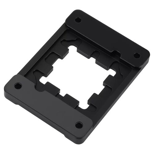 Support de montage carré en métal noir avec quatre encoches pour fixation.