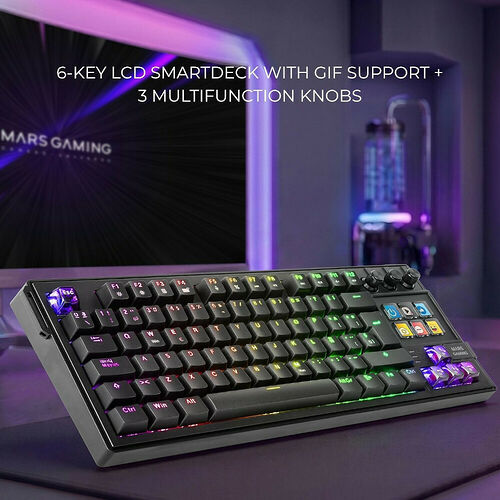 Clavier mécanique Mars Gaming avec rétroéclairage RGB, comprenant un écran LCD à 6 touches et trois boutons rotatifs multifonctions.