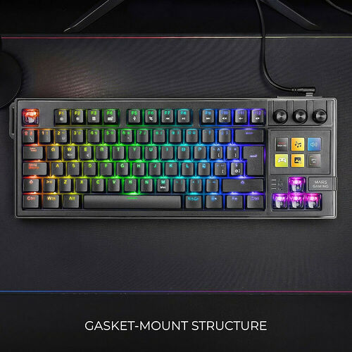 Clavier mécanique gamer Mars Gaming avec rétroéclairage RGB multicolore et structure gasket-mount.