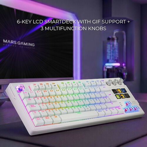 Clavier mécanique blanc Mars Gaming avec touches personnalisables affichant des icônes LCD et trois molettes de contrôle multifonctions.