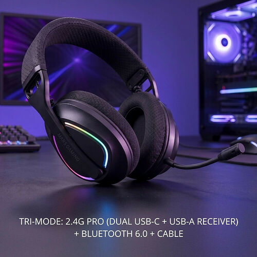Casque gaming Mars Gaming avec éclairage RGB multicolore sur les côtés, doté d'un micro intégré et d'une connexion tri-mode (2.4G, Bluetooth et câble).