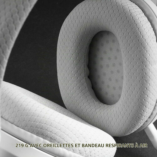 Gros plan sur les coussinets et le bandeau respirants en tissu gris d'un casque audio.