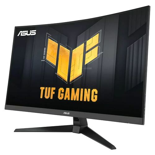 Écran incurvé ASUS TUF Gaming affichant le logo de la gamme sur un fond noir.