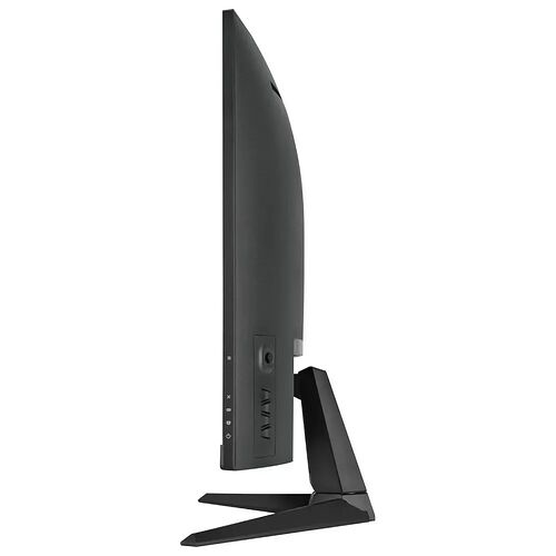 Vue de profil d'un écran de PC noir avec un pied incliné et des ports de connexion sur la partie arrière.
