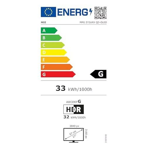 Étiquette d'efficacité énergétique pour un écran MSI, classé en catégorie G avec une consommation de 33 kWh/1000h. L'écran affiche une résolution de 3840 px et une taille de 27 pouces.