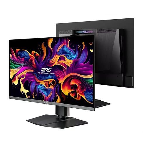 Écran de PC gamer MSI avec un fond d'écran coloré et abstrait, présenté de face et de dos.