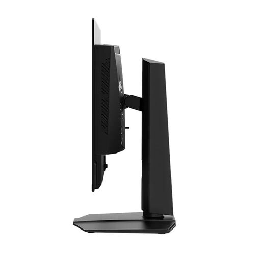 Écran d'ordinateur noir avec un pied de support plat, présenté de profil sur un fond blanc.