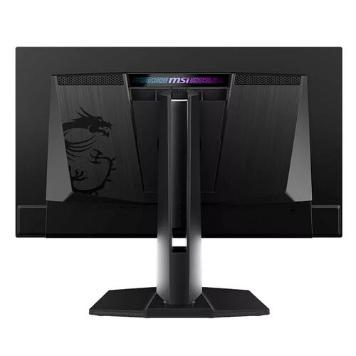 Écran de PC MSI de couleur noire avec un pied de support robuste et le logo du dragon gravé à l'arrière.