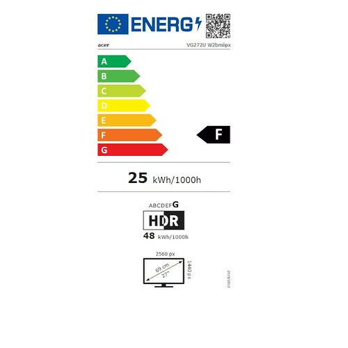 Étiquette d'efficacité énergétique pour un écran Acer, classé en catégorie F avec une consommation de 25 kWh/1000h. L'écran affiche une résolution de 2560 px et une taille de 27 pouces.