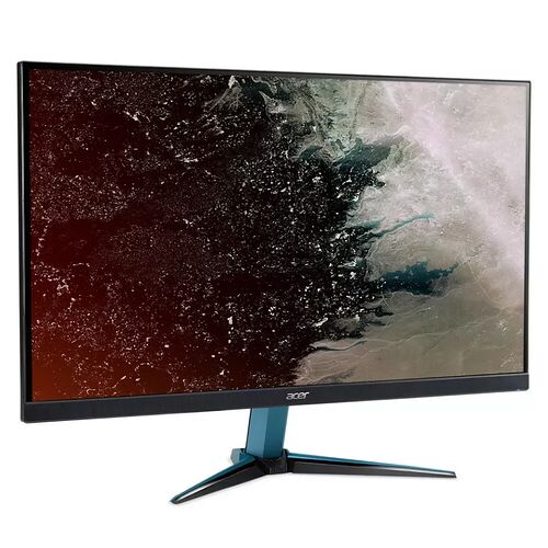 Écran de PC Acer avec un fond d'écran abstrait aux tons marron et blanc, monté sur un pied noir avec des accents bleus.
