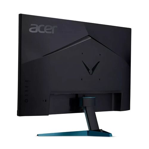 Écran de PC Acer de couleur noire avec un pied de support bleu.