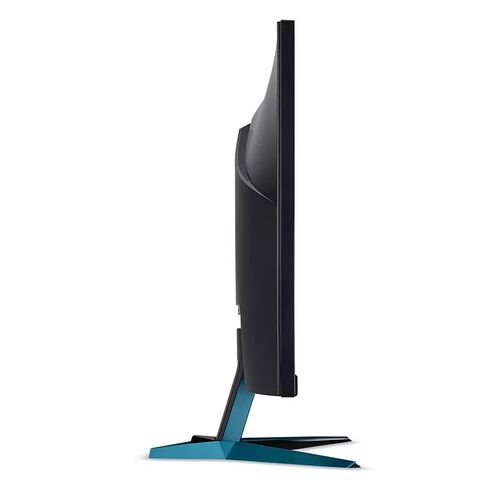 Écran de PC de profil, montrant une dalle fine noire avec un pied de support bleu.