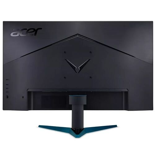 Écran Acer de type gaming avec un pied de support noir et des détails bleu turquoise à l'arrière.