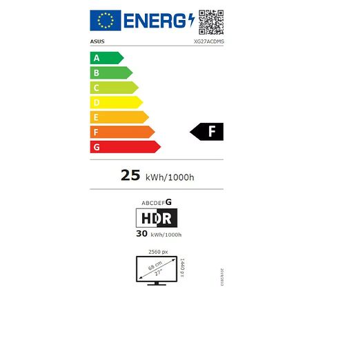 Étiquette d'efficacité énergétique pour un écran ASUS, classé en catégorie F avec une consommation de 25 kWh/1000h. L'écran affiche une résolution de 2560 x 1440 px pour une diagonale de 27 pouces.