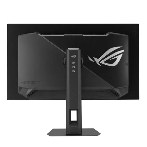 Écran de PC gamer ASUS ROG avec un design noir mat et le logo ROG argenté au centre de l'arrière de l'écran.