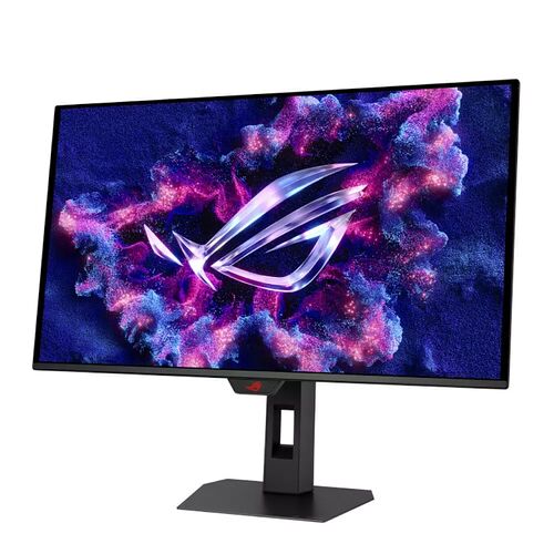 Écran PC gamer incurvé ASUS avec un fond d'écran abstrait violet et bleu. L'écran est monté sur un pied noir robuste.