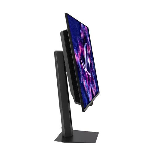 Écran PC gamer ASUS avec un design fin et un pied de support noir. L'écran affiche un fond d'écran coloré avec le logo ROG.