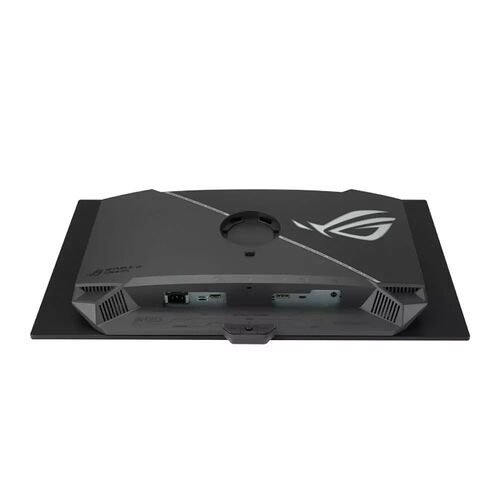 L'arrière d'un écran gamer ASUS ROG montrant les ports de connexion HDMI, DisplayPort et USB, ainsi que le logo de la marque.