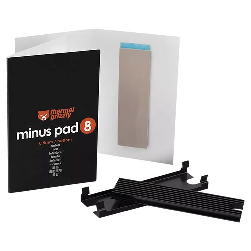Un lot de pads thermiques Thermal Grizzly Minus Pad 8, d'une épaisseur de 0,5 mm, présentés avec leur emballage noir et blanc.