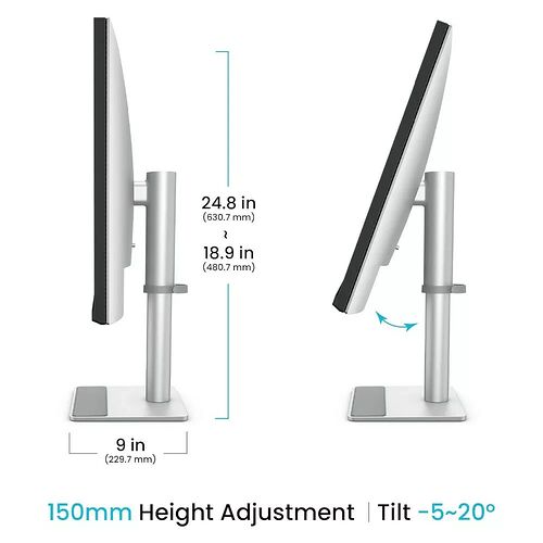 Schéma montrant les capacités d'ajustement d'un support d'écran : réglage de la hauteur de 150 mm et inclinaison de -5 à 20 degrés.