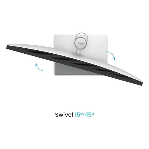 Écran BenQ montrant sa fonction de rotation (swivel) de 15° vers la gauche ou la droite.