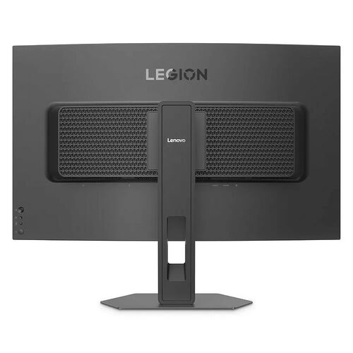 Écran de PC gamer Lenovo Legion de couleur noire, présenté de dos avec son pied central et sa grille de ventilation.