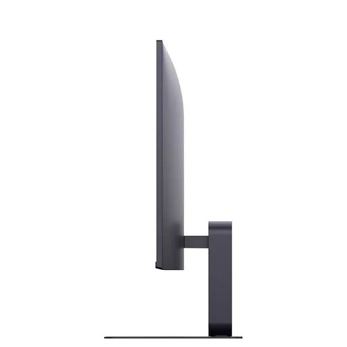 Vue de profil d'un écran d'ordinateur noir avec un pied de support fin et élégant.