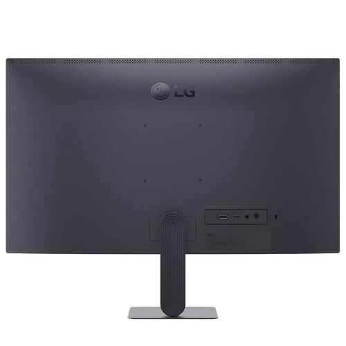 Écran LG de couleur noire présenté de dos, montrant son pied de support et ses connectiques à l'arrière.