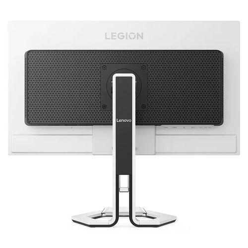 Écran de PC Lenovo Legion blanc avec un pied de support noir et blanc. L'arrière de l'écran présente une grille de ventilation noire texturée.