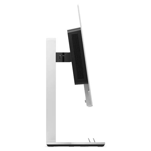 Écran d'ordinateur blanc avec un pied de support noir, présenté de profil sur un fond blanc.