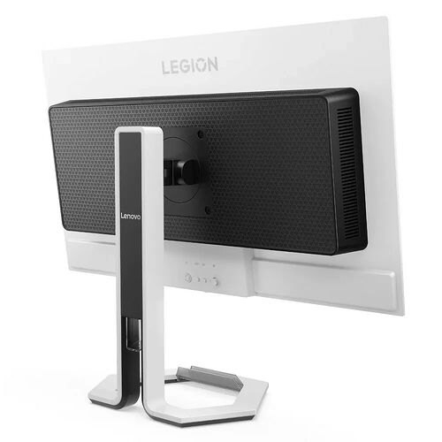 Écran de PC Lenovo Legion blanc avec un pied de support noir et blanc. L'arrière de l'écran présente une texture noire texturée.