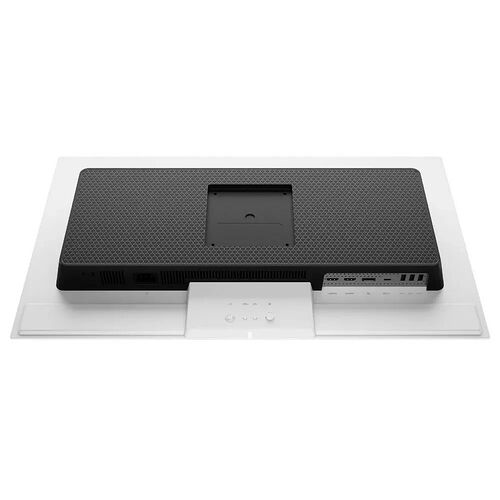 Vue de l'arrière d'un écran PC plat de couleur noire avec un pied blanc, montrant les ports de connectivité comme l'HDMI et le DisplayPort.