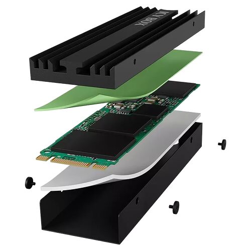Schéma éclaté d'un composant électronique comprenant un dissipateur thermique noir, une carte de circuit imprimé verte et un boîtier de protection noir.