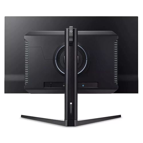L'arrière d'un écran de PC gamer noir avec un pied central réglable et des grilles de ventilation.