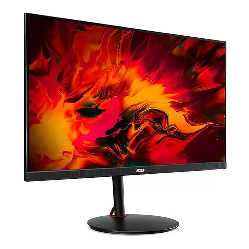 Écran Acer avec un fond d'écran abstrait aux couleurs chaudes, rouge et orange, monté sur un pied noir.