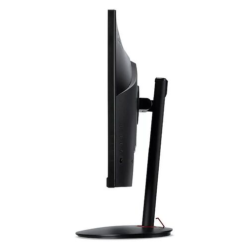 Écran PC incurvé noir avec un pied de support robuste. On aperçoit les connectiques à l'arrière de l'écran.