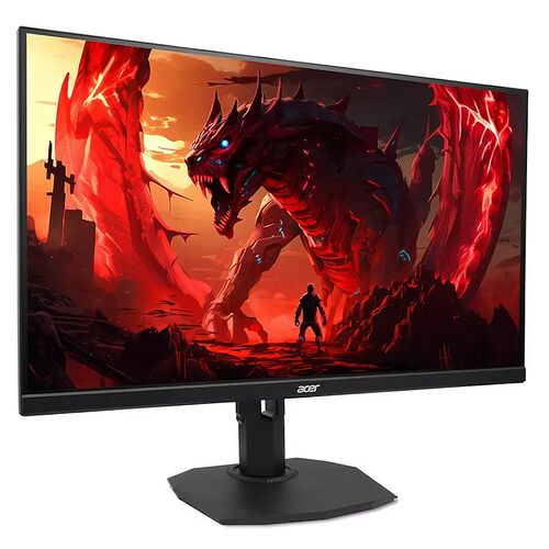 Écran de PC gamer Acer affichant une illustration fantastique d'un dragon rouge sur un fond de paysage épique. L'écran est monté sur un pied noir robuste.