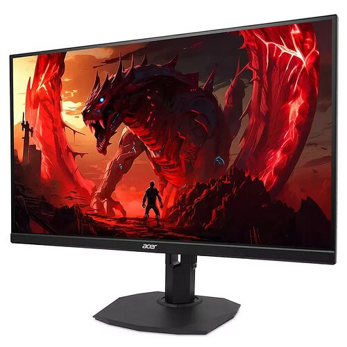Écran de PC gamer Acer avec un fond d'écran illustrant un dragon rouge imposant face à un personnage.
