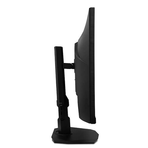 Écran d'ordinateur noir avec un pied de support réglable, présenté de profil sur un fond blanc.